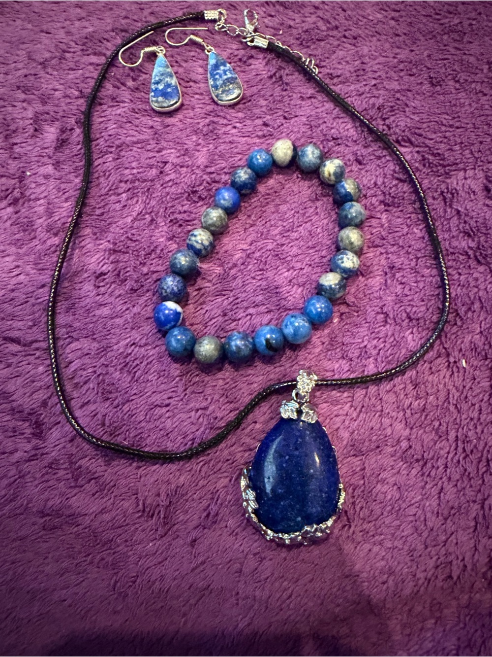 Blue Lapis Teardrop Pendant Necklace on Black Cord; Matching bracelet/earrings